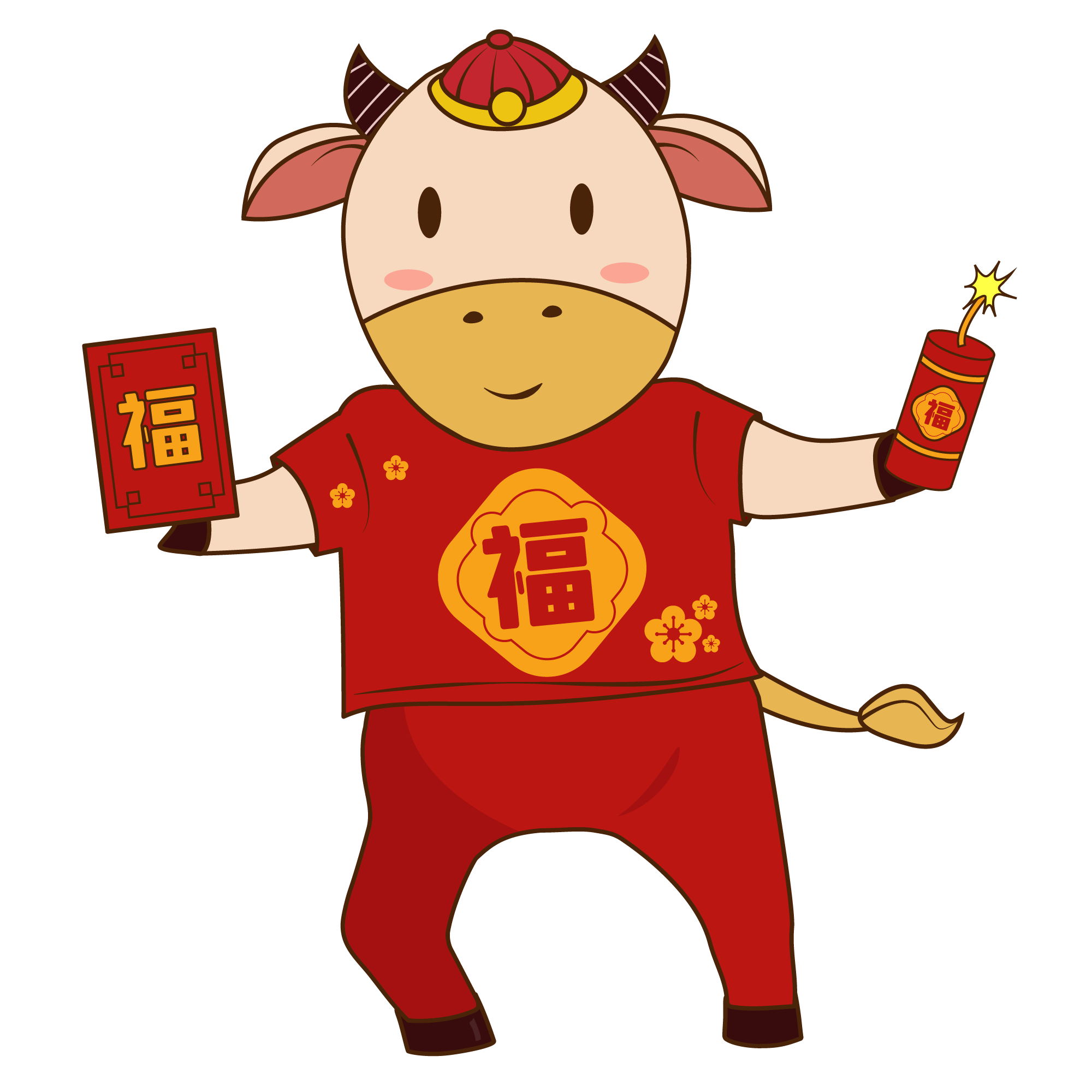 牛年红色卡通手绘2021年牛年手拿鞭炮的牛