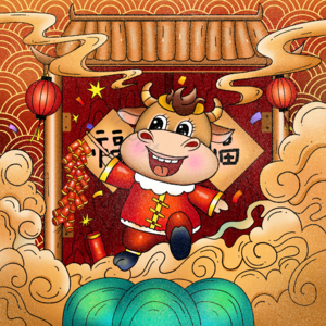 手绘 可爱 卡通 牛年 新年 春节 插画 氛围