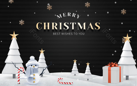 2020圣诞节 黑金色 雪人 拐杖 雪地 圣诞树 礼盒
