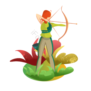 女子 草地 射箭 运动比赛 扁平 手绘 元素 运动会