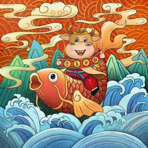 手绘 新年 卡通 牛年 国潮 春节