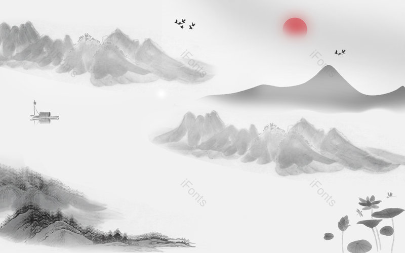 大气中国风落日水墨山水背景模板,插画/手绘图，插画/手绘图库，插画/手绘图下载,插画/手绘
