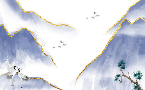 中国风 鎏金 山风 鹤 古风背景 海报背景 水墨 水墨山水