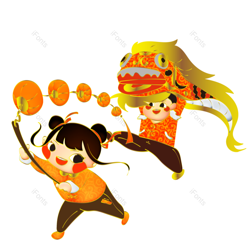 舞狮图片,新年元素,卡通手绘PNG,小孩免抠素材