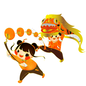 新年 习俗元素 舞狮 喜庆节日 卡通手绘 小孩