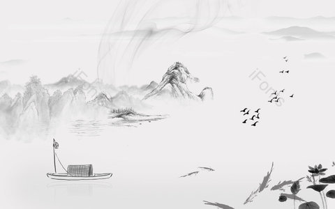 孤舟 飞鸟 游鱼 荷花 水墨