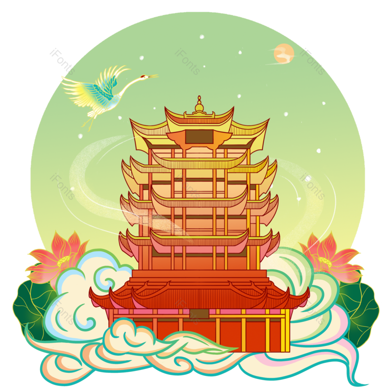 中国风图片,仙鹤元素,插画PNG,莲花免抠素材