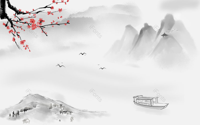 复古风简约水墨山水人家背景模板,插画/手绘图，插画/手绘图库，插画/手绘图下载,插画/手绘