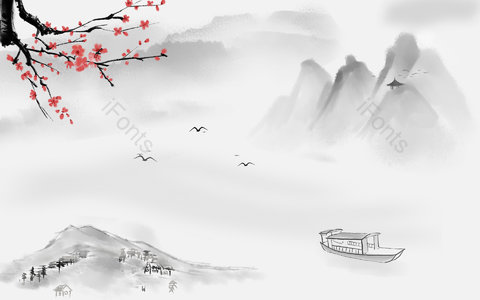 水墨 复古 山水 梅花 飞鸟