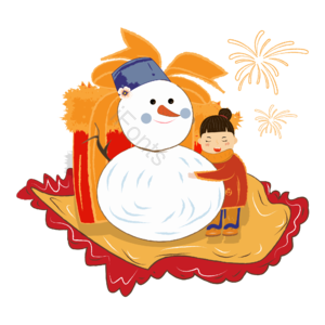 手绘 大雪节气 中国风 小女孩拥抱雪人 礼物盒