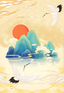 国潮 中国风 中式 仙鹤 大山 祥云