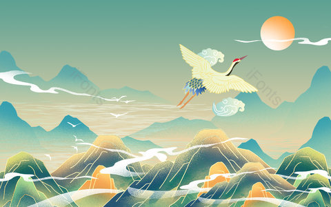 国潮背景 复古背景 中国风背景 古典背景 仙鹤 江山 绿色背景 banner背景