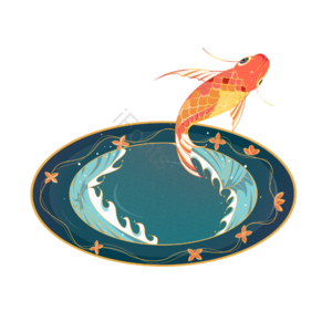 中国风 国潮 金色描边 水波纹 锦鲤出水 绿色 复古