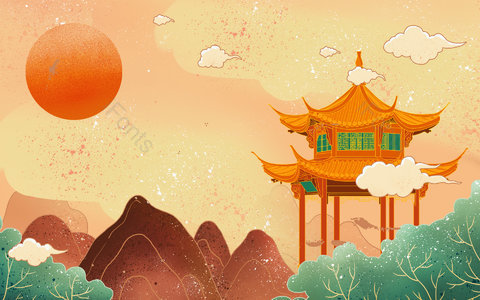 卡通 手绘 国潮风 中国风 建筑 海报 中国建筑 亭子
