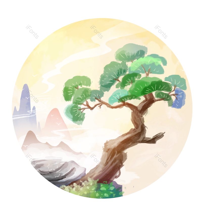 水墨图片,山水元素,松树PNG,渐变免抠素材