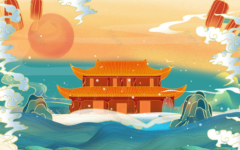 卡通手绘国潮风电商海报背景图设计,插画/手绘图，插画/手绘图库，插画/手绘图下载,插画/手绘