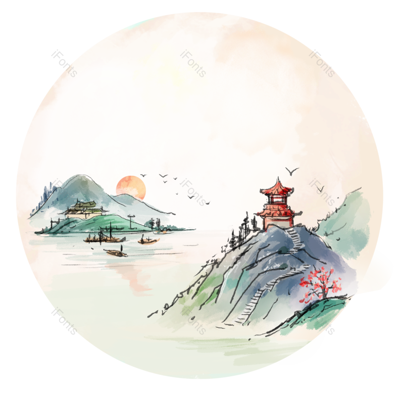 水墨图片,山水元素,渐变PNG,亭子免抠素材