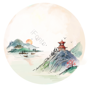 古风 山水 水墨 渐变 亭子 立春 古风 工笔画