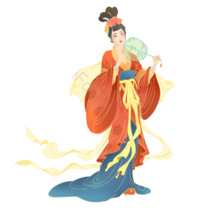 中国风 侍女 扇子 飘带 金边 国潮