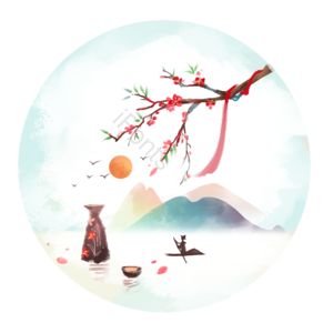 中国风 山水 船 桃花 古风 春 水墨 立春