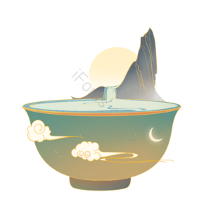 中国风 金色 描边 山水 场景 祥云 流水 陶瓷碗