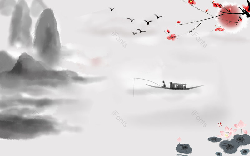 水墨复古山水垂钓简约大气背景模板,插画/手绘图，插画/手绘图库，插画/手绘图下载,插画/手绘