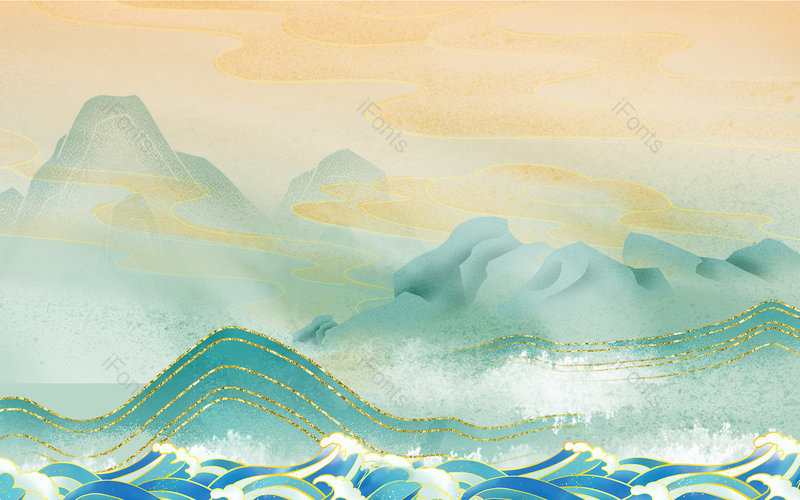 大气复古国潮风山水海报背景图片,插画/手绘图，插画/手绘图库，插画/手绘图下载,插画/手绘