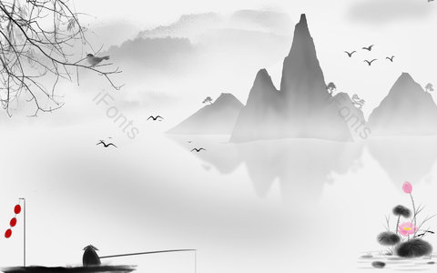 山水 复古 水墨 荷花 飞鸟