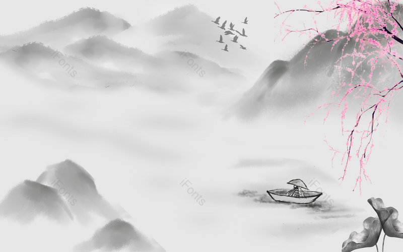 复古风国潮水墨梅花山水背景模板,插画/手绘图，插画/手绘图库，插画/手绘图下载,插画/手绘