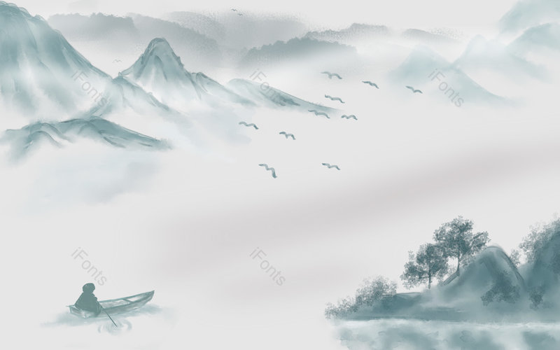 简约复古风国潮水墨山水孤舟背景,插画/手绘图，插画/手绘图库，插画/手绘图下载,插画/手绘