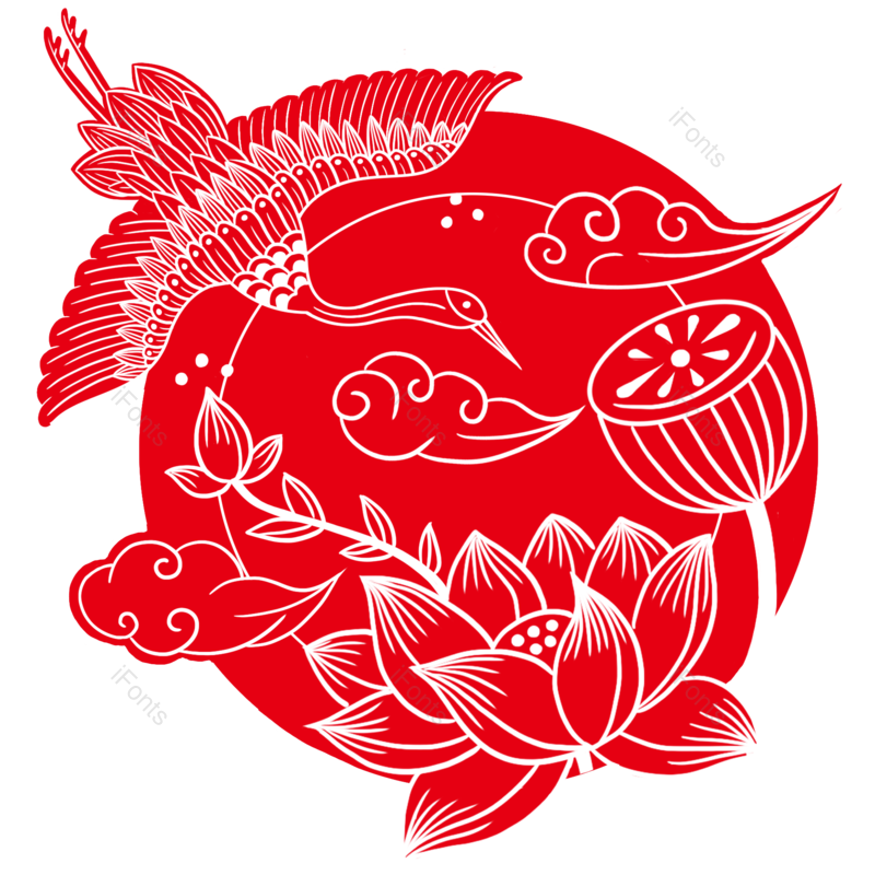荷花图片,仙鹤元素,窗花PNG,剪纸免抠素材