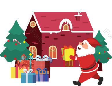 圣诞节 圣诞老人 礼物 房子 树 冬天