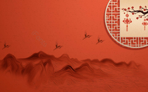 红色背景 山峰 梅花 灯笼 窗 鹤 山峦 质感