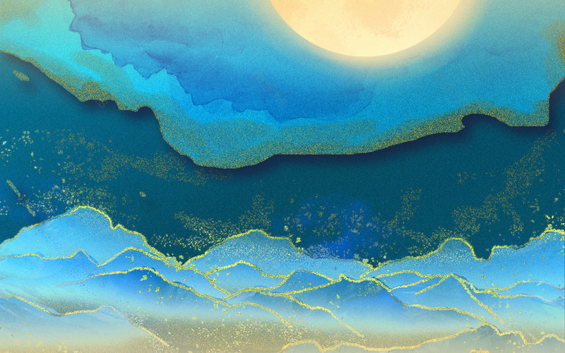 蓝色云层质感山峰鎏金重叠大气背景,插画/手绘图，插画/手绘图库，插画/手绘图下载,插画/手绘