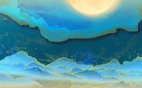 蓝色背景 云层 山峦 鎏金 月亮 中秋背景 节日背景 中国风