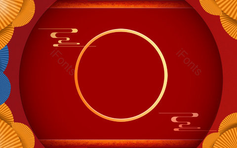 红色背景 中国风 中国红 金色 折扇 祥云 展示台 古风