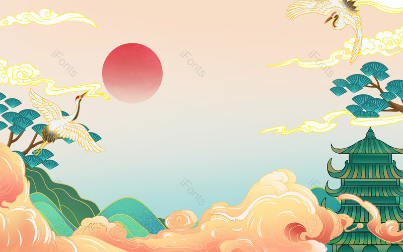 古风国潮风亭台楼阁山水背景图片,插画/手绘图，插画/手绘图库，插画/手绘图下载,插画/手绘