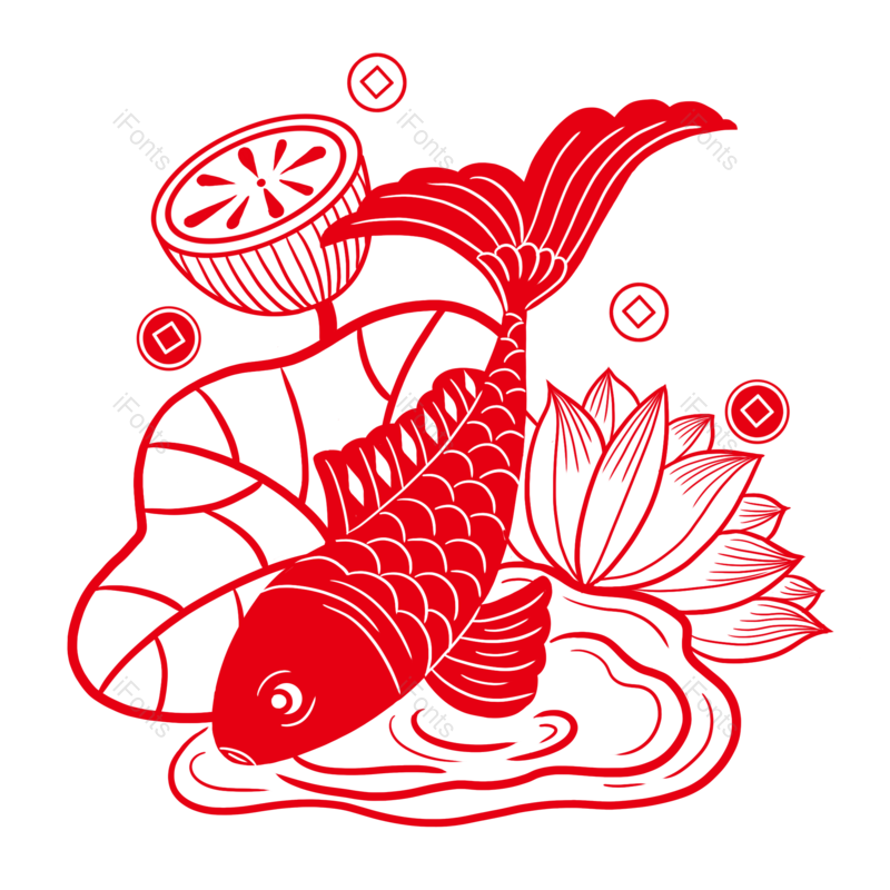 锦鲤图片,荷花元素,窗花PNG,剪纸免抠素材