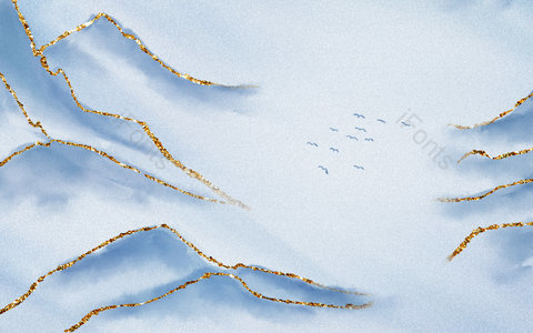 蓝色背景 山峰 鎏金 中国风 飞燕 古风 复古 