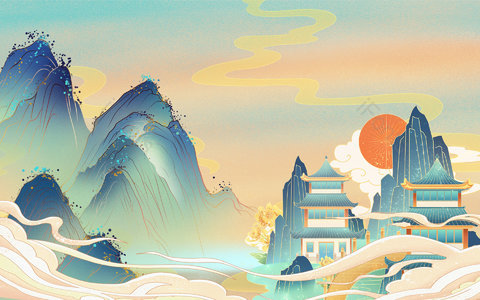国潮风 复古风 中国风 山水 亭台 PPT背景 海报背景 展板背景
