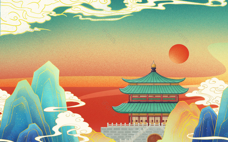 卡通手绘国潮风手绘电商海报背景,插画/手绘图，插画/手绘图库，插画/手绘图下载,插画/手绘