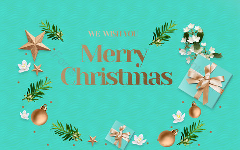 2020圣诞节 小金星 礼物盒 小白花 金色球体 装饰背景