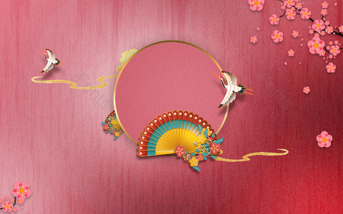 朱红 红色背景 仙鹤 鹤 中国风 复古 古风 折扇