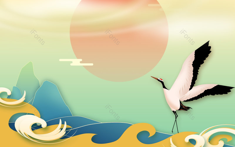 原创国潮风大气复古风卡通仙鹤背景,插画/手绘图，插画/手绘图库，插画/手绘图下载,插画/手绘