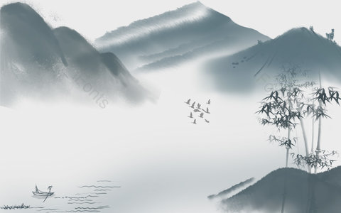 水墨 山水 孤舟 背景 飞鸟