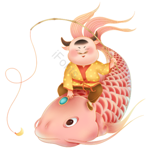 中国风 锦鲤 红色 鱼竿 福娃 春节 牛 新春