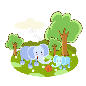 卡通大象 树林 草地 花朵 动物插画 森林
