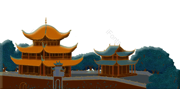 插画 传统 凉亭 树木 古代建筑 国潮