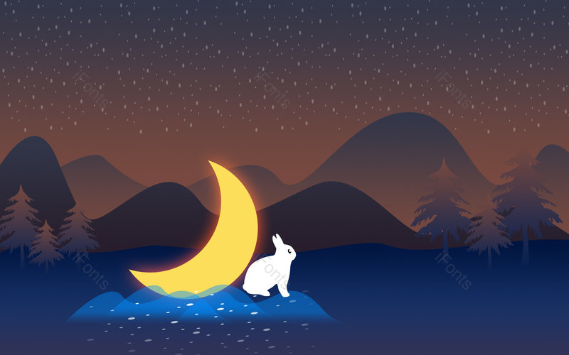 手绘卡通蓝色月亮夜晚白兔背景图,插画/手绘图，插画/手绘图库，插画/手绘图下载,插画/手绘