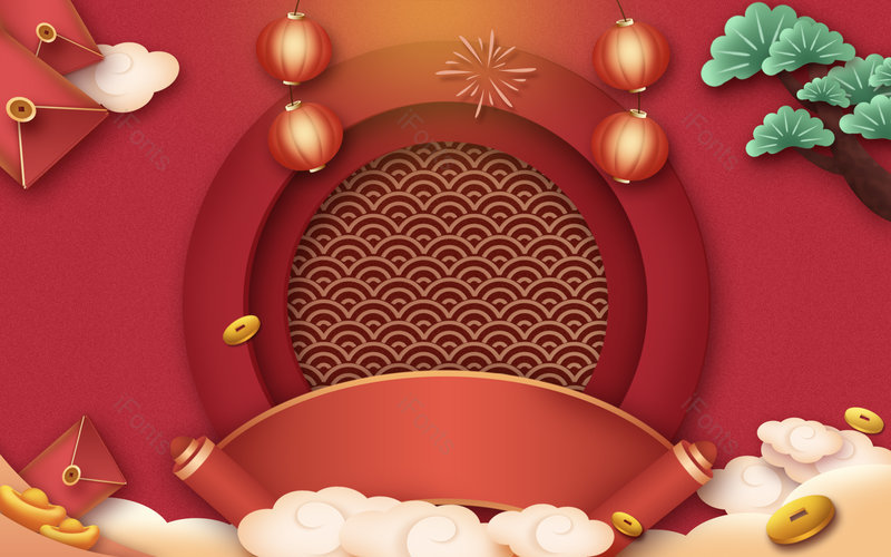 原创大气国潮风牛年卡通壁纸背景,插画/手绘图，插画/手绘图库，插画/手绘图下载,插画/手绘